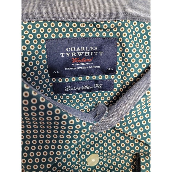 Charles Tyrwhitt Mens XLarge Weekend Extra Slim Button Up Green Eye Dot - Picture 5 of 10